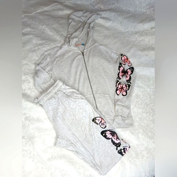 VINTAGE HAVANA Girls Butterfly Sweatsuit Soft / Light Fleece Jogger Hoodie 10/12 - Picture 1 of 11